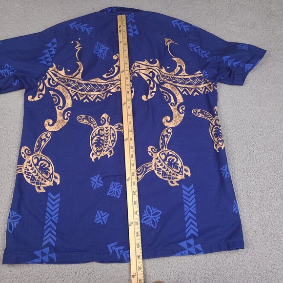 Vintage RJC Hawaiian Shirt Mens Large Blue‎ Tribal Turtle Button Down USA Made - Picture 14 of 15